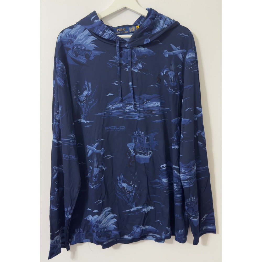 Polo Ralph Lauren Hooded Shirt Men XL Blue Graphic Polo Bear Casino Scuba Print